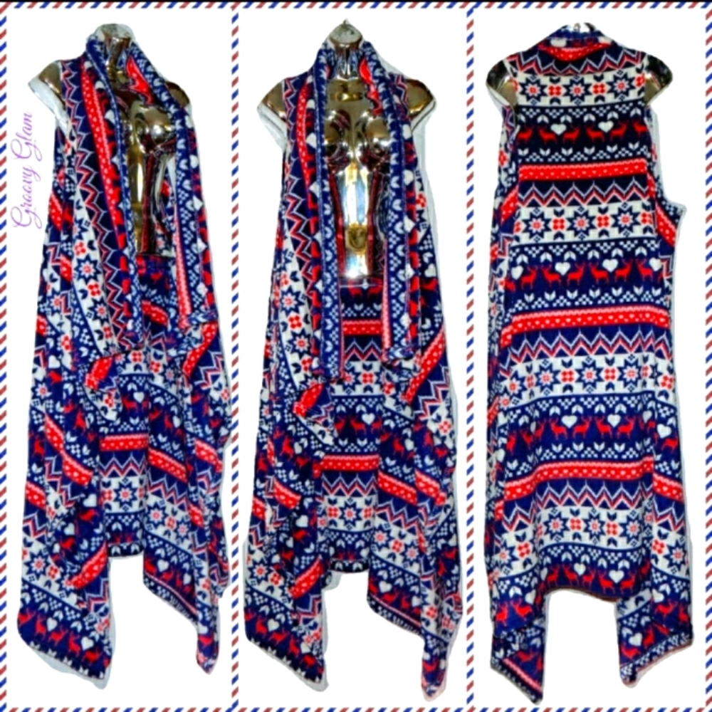 GROOVY GLAM Handmade Red White & Blue Nordic Ankle Length Waterfall Vest